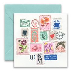 a greeting card with stamps on it