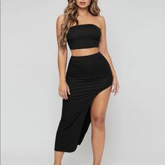 Sxy Solid Tube Top And High Split Skirt Black Stretch Maxi Skirt For Date Night, Chic Maxi Skirt For Club In Summer, Stretch Black Maxi Skirt For Day Out, Black Stretch Maxi Skirt For Day Out, Chic Black Maxi Skirt For Club, Black Asymmetrical Mini Skirt For Day Out, Long Skirt And Crop Top, High Split Skirt, Set Skirt And Top