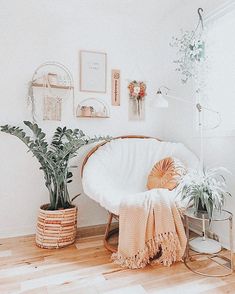 a living room with plants and pictures on the wall