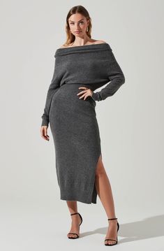 Sweater dresses with off-shoulder necklines add chic appeal to your look. ASTR The Label is your stop for off shoulder dresses, midi dresses and more! Off Shoulder Sweater Dress, Samara Dress, Charcoal Sweater, Cashmere Sweater Dress, Lace Dress Boho, Midi Sweater Dress, Off Shoulder Dresses, Floral Chiffon Dress, Causal Outfits