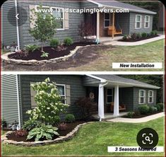 before and after pictures of landscaping in front of a house