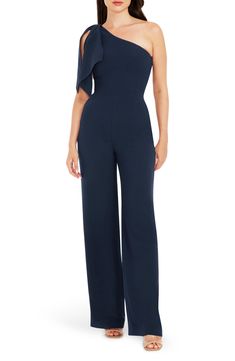 An elegant one-shoulder neckline and figure-skimming silhouette style a sophisticated jumpsuit with two panels that cascade over the single shoulder. 63 1/2" length; 34" inseam; 22 1/2" leg opening (size Medium) One-shoulder neck Sleeveless Lined 97% polyester, 3% spandex Dry clean Imported Elegant Solid Strapless Jumpsuit For Evening, One-shoulder Jumpsuits And Rompers For Evening, Elegant One Shoulder Jumpsuits And Rompers, Elegant One-shoulder Jumpsuits And Rompers For Work, Chic Blue Strapless Jumpsuit For Evening, One-shoulder Formal Jumpsuits And Rompers, Elegant One-shoulder Solid Jumpsuits And Rompers, Elegant One-shoulder Blue Jumpsuits And Rompers, Elegant Blue One-shoulder Jumpsuit