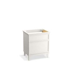 a white cabinet with two drawers and a wooden handle on the bottom, against a white background