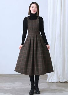 "★★FEATURES * 25% wool, other fiber,nylon * Polyester lining * Two side seam pockets * Right hidden zipper closure * Adjustable strap * Plaid Wool Dress, Wool Pinafore Dress * Fit and flare dress * Perfect for winter, autumn, spring * Dry clean ★★ The model is 170 cm (5′ 7″) tall with a 80 cm (31.5\") bust, 66 cm (26\") waist. She is wearing the plaid wool dress in size XS. ★★ Bespoke Order Service If you Request other color Request the length Your height is not between 155 cm- 172 cm Your weigh Winter Dress Women, Dress Pleated, Handmade Dress, Dress Handmade, Fabric Swatch, Winter Dress, Apron Dress, Wool Skirt, Pinafore Dress