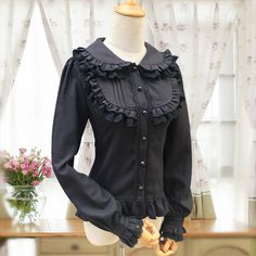 Black and White Lolita Lace Chiffon Blouse Condition: Brand NewColor: White/BlackSize: S-XLMaterial: ChiffonSleeves: Long SleveeCollar: Peter pan Collar Chiffon Lace Blouse, Delicate Feminine, Feminine Blouses, Ruffles Fashion, Elegant Blouses, Sweet Lolita, Layer Dress, Puff Sleeve Blouse, Women Hoodies Sweatshirts