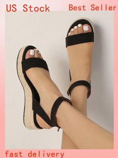 Negro Elegante,Vacación Collar     Embellished Cute Wedge Sandals, Black Wedge Sandals Outfit, Confirmation Shoes, Outfit Ideas With Wedges, Cute Sandals For Summer, Wedge Sandals Outfit, Sandals Aesthetic, Summer Wedge Sandals, Black Vacation