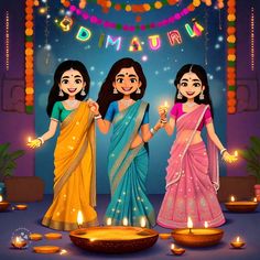 three women holding candles in front of a diya with the words happy diwal on it