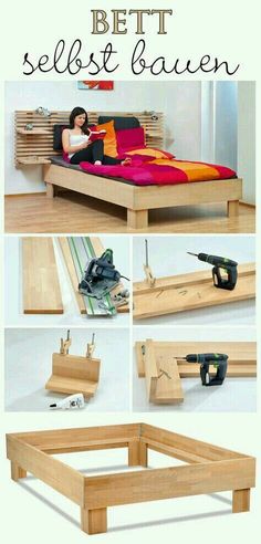 the bed frame is made out of wood and has various tools on top of it