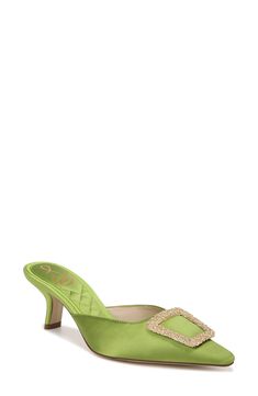 A gleaming metallic buckle enhances the timeless sophistication of this stunning mule. 2 1/4" heel Textile upper/synthetic lining and sole Imported Green Mules, Holiday Heels, Dress Mules, Bride Accessories, Slip On Mules, French Decor, Shoes Heels Pumps, Green Satin, Kids Jewelry