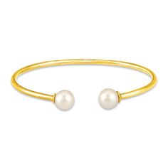 This beautiful cuff bangle bracelet is both timeless and chic. Set in classic 10K yellow gold, the bangle is finished with a freshwater cultured pearl on each end. Classic Gold Pearl Bangle Bracelet, Classic Pearl Bangle Bracelet, Classic Pearl Bangle Bracelet For Anniversary, Classic Yellow Gold Bangle With Oyster Detail, Classic Formal Pearl Bangle Bracelet, Elegant Pearl Cuff Bracelet For Formal Occasions, Classic Pearl Bangle Jewelry, Classic Yellow Gold Pearl Bangle Bracelet, Classic Pearl Bangle