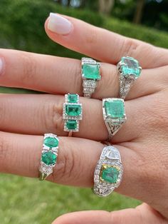 "Pacific Jewelry Presents, 3 Emerald cut natural Colombian Emeralds paired together in a vintage 18k white gold setting and adorned with 0.19 carats of round cut diamonds. ✔ Gold Karat: 18K ✔ 3 Emeralds: 1.03 carat total weight ✔ Round Diamond: 44 pieces, 1 MM, 0.19 carats ✔ Zero degree of clarity enhancement ✔ Emerald origin: Muzo mine, Colombia ✔ Ring Size: 7 1/2 U.S. SHIPPING TIMES USA: 4-12 business days (USPS) Canada: 5-14 business days Australia: 5-12 business days (Australia Line) New Zea Luxury Three-stone Emerald Ring For Anniversary, Luxury Three Stone Emerald Ring For Anniversary, Luxury Three Stone Emerald Ring, Classic Platinum Emerald Ring, Luxury Three Stone Diamond Emerald Ring, Platinum Jewelry With Green Diamond Accents, Heirloom Emerald Ring In Platinum, Heirloom Platinum Emerald Ring, Gia Certified, Heirloom Platinum Emerald Gemstone Ring