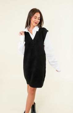 Built in long sleeve button up shirt Collared Sleeveless sweater dress V-neck Ribbed detailing Has stretch Non-sheer 74% Acrylic; 22% Polyester; 4% Spandex SIZES: SMALL MEDIUM LARGE Get the best of both worlds with our Mini Sweater Dress! Combining the comfort of a sweater with the chic style of a dress, this piece will keep you cozy and fashionable. The layered shirt adds an extra touch of uniqueness and comes in two trendy color options. Embrace the sweater weather in style! SIZE XS S M L XL 2