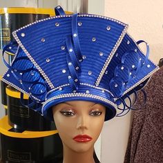 Donna Vinci Hat With Rhinestones Through Out The Hat. Never Woren Adjustable Blue Hat With Rhinestones, Blue Adjustable Hat With Rhinestones, Blue Rhinestone Hat For Summer, Blue Summer Hat With Rhinestones, Church Hats African Americans, Church Lady Hats, Church Hat, Africa Dress, Head Planters