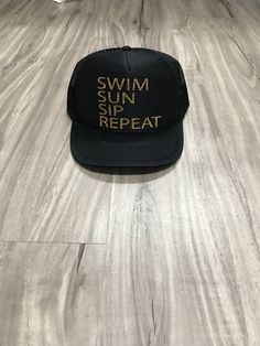 Swim Sun Sip Repeat Trucker Hat Champagne Trucker Hat Women's Trucker Hat Glitter Mexican Cruise Mex Summer Flat Bill Hats With Letter Print, Summer Hats With Letter Print And Flat Bill, Summer Gold Trucker Hat, Adjustable Gold Baseball Cap For Summer, Gold Baseball Cap For Summer, Adjustable Flat Brim Hat With Letter Print, Gold Adjustable Flat Brim Sun Hat, Adjustable Gold Cap, Gold Adjustable Cap