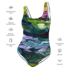 Introducing the "Jewels" Fluid Art One-Piece Swimsuit – where elegance meets functionality in a silhouette-enhancing design that's sure to turn heads by the sea or poolside. Adorned with a stunning fluid art design, this swimsuit is a celebration of beauty, confidence, and style.Here's why the "Jewels" One-Piece Swimsuit is a must-have for your swimwear collection:- **Flattering Design:** Designed for all figures, this swimsuit brings out your best features with its flattering silhouette. The ch Summer Diving Fitted Bodysuit, Fitted Summer Diving Bodysuit, Multicolor Stretch Swimwear For Diving, Fitted One-piece Diving Bodysuit, Fitted Green One-piece For Poolside, Fitted Multicolor Dive Swimwear, Fitted Multicolor Swimwear For Diving, Beauty Confidence, Fabric Labels