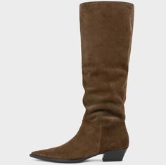 Brown suede pointed tall boots Slouchy Boots Uggs Knee, Slouchy Boots Leggings, Luxury Goodyear Welted Suede Boots, Luxury Suede Boots With Contrast Sole, Luxury Suede Heeled Boots For Night Out, Luxury Suede Boots With Heel Tab, Tall Brown Suede Boots, Brown Tall Boots, Tall Suede Boots