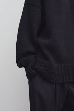 The Row Essentials crewneck sweater in multi-stitch, heavyweight wool and cashmere knit with ribbed neckline, cuffs and hem. Essentials Crewneck, Stone Island Clothing, Valentino Clothing, Italy Style, Sweater Season, Black Crewneck, Insta Inspo, Tshirt Skirt, Ribbed Neckline