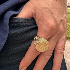 Men's huge Mexican Pesos Centenario ring. 18K gold plated finish over solid brass. Choose from men's US ring sizes 11 or 12. The large round face size is approx. 19MM. Heavy and chunky at approx. 40 grams weight. Express your bold attitude with this big ring. 100% FREE SHIPPING in USA. Order now! Big Gold Ring For Men, Custom Grillz, Mexican Peso, Big Ring, Mens Gold Rings, Big Rings, Hip Hop Jewelry, Plated Ring, Gold Plated Rings