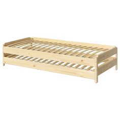 a wooden bed frame with no mattress on it