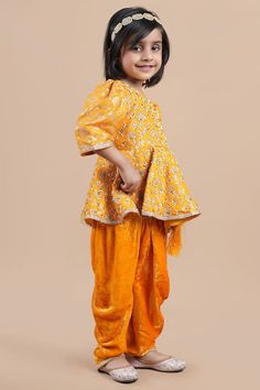 Orange floral embroidered peplum top with tassel details. Paired with a dhoti pant. - Aza Fashions Dhoti Pants, Floral Peplum Top, Floral Peplum, Fashion App, Pant Set, Aza Fashion, Peplum Top, Pants Set, For Girls