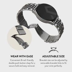 Turn your watch—smart or classic—into a luxury timepiece with the Universal Watchband. Compatible with all watches containing spring bars and 20mm or 22mm lugs. Including Samsung, Garmin, Fitbit, and more. 
 
Smoothed edges, a lightweight frame, and a clasp that doesn't pinch or rub against the skin make the BURGA Universal Watchband as comfortable to wear as it is beautiful to admire. 
 
Easy to clean and maintain. Just wipe it down with a damp cloth to remove dirt and sweat. 
 
Choose from va Timeless Stainless Steel Jubilee Bracelet Watch Accessories, Formal Stainless Steel Jubilee Bracelet Watch Bands, Business Watches With Bracelet Strap And Round Dial, Modern Stainless Steel Clasp Watch Bands For Formal Occasions, Business Watches With Bracelet Strap, Classic Stainless Steel Watch With Bracelet Strap, Stainless Steel Jubilee Bracelet Watch Band, Timeless Stainless Steel Jubilee Bracelet Watch Bands, Timeless Stainless Steel Jubilee Watch Bands