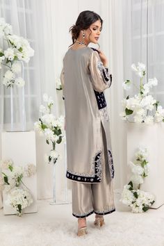 Elam | Pakistani Designer Outfit | Sarosh Salman Designer Party Wear Kurta In Tissue Silk, Tissue Silk Kurta For Designer Party Wear, Designer Tissue Silk Party Wear Kurta, Tissue Silk Party Wear Kurta For Designer Occasions, Elegant Semi-stitched Tissue Silk Set, Silver Chanderi Traditional Designer Wear, Elegant Tissue Silk Palazzo Set With Dabka Work, Elegant Sets In Chinon With Gota Work, Semi-stitched Silk Sets With Dabka Detailing