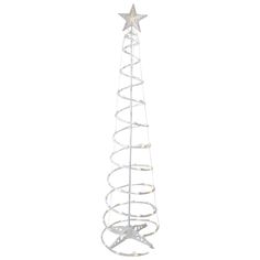 a white metal christmas tree with lights on it's sides and a star hanging from the top