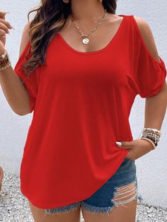 Red Casual Collar Short Sleeve Knitted Fabric Plain  Embellished Medium Stretch  Women Plus Clothing Batwing Sleeve, Bat Wings, Plus Clothing, All Fashion, Cold Shoulder, Knitted Fabric, Casual Shorts, Length Sleeve, Latest Trends