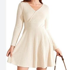 A Line Ribbed Knit Short Dress Missing Belt Stretchy Cream V-neck Dress For Fall, Cream Fitted V-neck Sweater Dress, Spring Ribbed A-line Sweater Dress, Cream V-neck Winter Dress, Beige Knitted V-neck Sweater Dress, Cream V-neck Sweater Dress For Fall, White Knit V-neck Mini Dress, Fitted V-neck Cream Sweater Dress, Fitted V-neck Sweater Dress In Cream