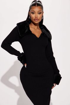 Available In Nude And Black. Collar Midi Dress V-Neckline Long Sleeve Detachable Fur Collar Stretch 68% Rayon 32% Polyester Imported | Majestic Elegance Collar Midi Dress in Black size Medium by Fashion Nova My Shopping List, Black Beauty, Fur Collar, Black Midi Dress, Fur Collars, Fur Trim, Shopping List, Black Fashion, Fashion Nova