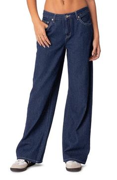 Polished pinstripes add a refined element to traditionally casual jeans cut with baggy wide legs in a Y2K-inspired low-rise silhouette. Zip fly with button closure Five-pocket style 100% cotton Machine wash, line dry Imported