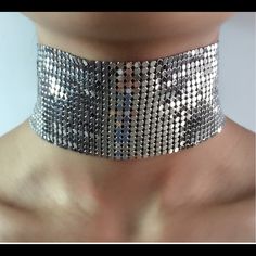 Silver Metallic Copper Mesh Choker Necklace Silver Necklace For Summer Parties, Trendy Metallic Jewelry For Party, Trendy Metallic Party Jewelry, Silver Necklace For Spring Party, Spring Silver Choker Jewelry, Spring Party Silver Jewelry, Tory Burch Necklace, Kate Spade Necklace, Metallic Mesh