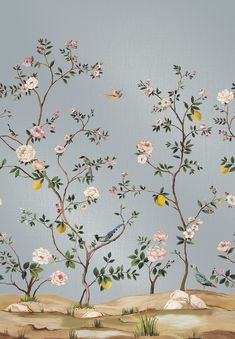 a painting of flowers and birds on a blue background