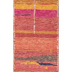 an orange, pink and yellow rug with fringes on the bottom is shown in front of a white background