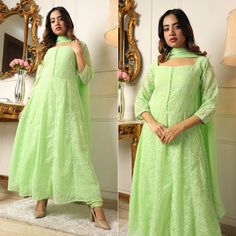 Pista Green colored suit is prettified with chikankari and gota work as shown which makes it appear classy. This top is made of georgette fabric which is accompanied with georgette bottom, crepe lining and georgette dupatta. Women can buy this suit to wear for their parties and functions. Note:- The actual product may differ slightly in color and design from the one illustrated in the images when compared with computer or mobile screen. Size Chart Size: Semi Stitched/Unstitched can be altered fr Green Anarkali Unstitched Suit In Georgette, Elegant Fitted Pista Green Anarkali Set, Fitted Green Anarkali Set With Chikankari Embroidery, Elegant Green Anarkali Set With Chikankari Embroidery, Eid Green Lace Work Dress, Eid Green Dress With Lace Work, Green Lace Dress For Eid, Pista Green Georgette Sets With Self Design, Long Sleeve Georgette Salwar Kameez With Lace Work