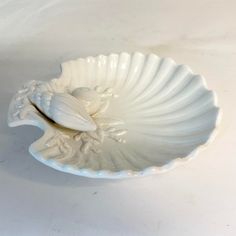 a white bowl with a shell in it