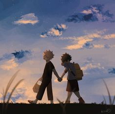 two people holding hands walking across a field under a blue sky with stars and clouds