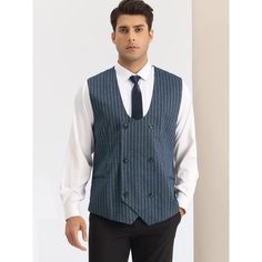 The striped patterned suit vests are of stylish and classic design, making your outfit more tailored and elegant. The double breasted striped dress vest can be perfectly paired with dress shirts and pants for a business look, for you to attend wedding, office working, dates, meetings and more. Great gift for your friend, boyfriend, and your father. Elegant Double-breasted Formal Vest, Elegant Formal Double-breasted Vest, Tailored Pinstripe Business Vest, Tailored Pinstripe Vest For Business, Classic Pinstripe Vest For Formal Occasions, Elegant Tailored Pinstripe Vest, Classic Pinstripe Formal Vest, Fitted Striped Business Vest, Striped Fitted Vest For Business