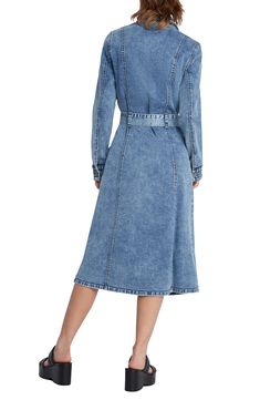 This denim shirtdress is designed in a longline silhouette with cargo pockets and a removable tie belt. 46 1/2" length Spread collar Long sleeves with one-button cuffs Removable tie belt Unlined 96% cotton, 3% polyester, 1% spandex Machine wash, tumble dry Imported Knee-length Belted Denim Dress For Work, Spring Collared Belted Denim Dress, Belted Midi Denim Dress For Work, Medium Wash Belted Knee-length Denim Dress, Medium Wash Knee-length Belted Denim Dress, Knee-length Belted Medium Wash Denim Dress, Knee-length Belted Denim Blue Dress, Knee-length Belted Denim Dress, Medium Wash Shirt Dress With Pockets For Work