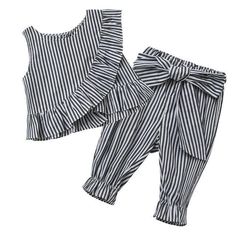 Elevate your little fashionista`s wardrobe with our exquisite Fashion Girls Striped Ruff Shirt Pants. Crafted with utmost care and attention to detail, this outfit is designed to provide unmatched comfort and style for your precious one. Made from a blend of acrylic, polyester, spandex, and cotton, this outfit is designed to ensure durability and a soft touch against the skin. Featuring a charming striped pattern, this outfit adds a playful touch to your little girl`s ensemble. Designed with a regular sleeve style and outerwear coat type, making it effortless for your child to slip into and stay cozy. The pullover closure allows for hassle-free dressing and ensures a secure fit throughout the day. This set includes both the ruff shirt and pants, providing a perfectly coordinated look. Casual Playwear Sets With Ruffles, Casual Cotton Sets With Ruffles, Casual Cotton Ruffle Sets, Casual Cotton Ruffled Sets, Trendy Striped Sets For Spring, Casual Striped Bottoms With Ruffles, Striped Cotton Bottoms With Ruffles, Spring Matching Set Cotton Pants, Cute Summer Playwear Pants