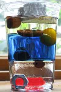 a glass filled with water and fruit on top of a table