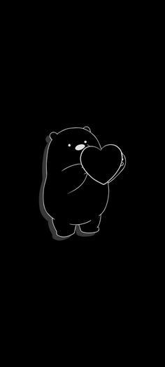 a black and white drawing of a bear holding a heart in its paws on a dark background