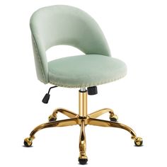 an office chair with gold wheels and a light green upholstered seat