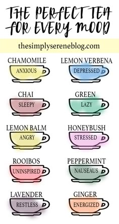 The perfect tea for every mood | Tea to fit your mood | The Simply Serene Blog Motivasi Diet, Tea Recipes, Herbal Tea