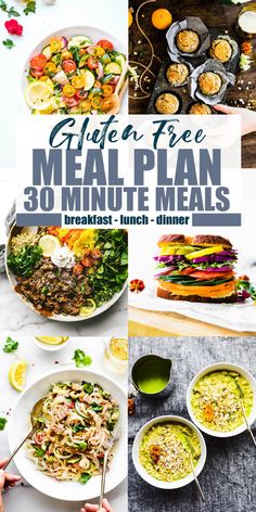 the ultimate meal plan for 30 minute meals is shown in four different photos, including one with