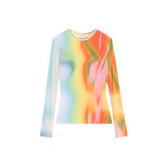 Monse mesh top in a rainbow heatwave effect Crew neckline Long sleeves Slim fit Pullover style Polyester Dry clean Imported Fitted Multicolor Mesh Top With Crew Neck, Fitted Multicolor Mesh Top For Spring, Fitted Multicolor Mesh Top For Summer, Trendy Rainbow Print Long Sleeve Tops, Multicolor Mesh Top For Spring, Rainbow Long Sleeve Tops For Spring, Trendy Long Sleeve Tops With Rainbow Print, Trendy Long Sleeve Rainbow Print Tops, Fitted Rainbow Top For Spring