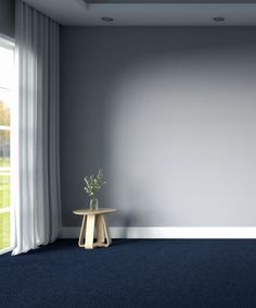 an empty room with blue carpet and white curtains on the window sill, next to a small table with a plant in it