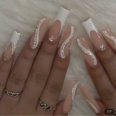 24pcs White French Tip Fake Nails, Glitter Swirl Press On Nails With Bling Rhinestone Design, Glossy Full Cover Long Ballet False Nails With Glue Sticker And Nails File For All Ballet Nails, Graduation Nails, White French Tip, Gold Nail, White Acrylic Nails, Girly Acrylic Nails, French Tip Acrylic Nails, French Acrylic Nails, Long Acrylic