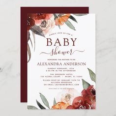 a baby shower card with watercolor flowers and greenery on the front in burgundy