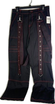 High Waist Black Bottoms With Suspenders, Trendy Cotton Bottoms With Suspenders, Black Bottoms With Suspenders For Summer, Summer Black Bottoms With Suspenders, Black Bottoms With Suspenders For Spring, High Waist Cotton Bottoms With Suspenders, Edgy Red Bottoms With Pockets, High Waist Black Pants With Contrast Stitching, Black High Waist Pants With Contrast Stitching